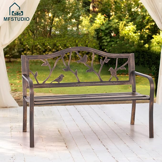 MFSTUDIO 50" Outdoor Garden Bench, Patio Metal Frame Park Bench with Bir...