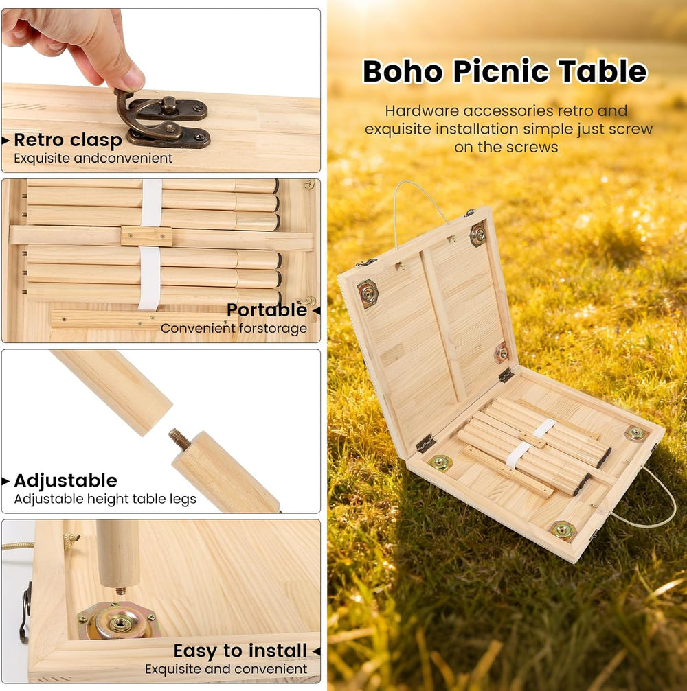 44" x 22" Boho Low Picnic Table, Folding Solid Wood Construction