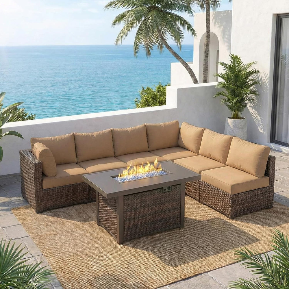 7 Piece Outdoor Patio Furniture Set with 42" Fire Pit, Wicker Furniture ...