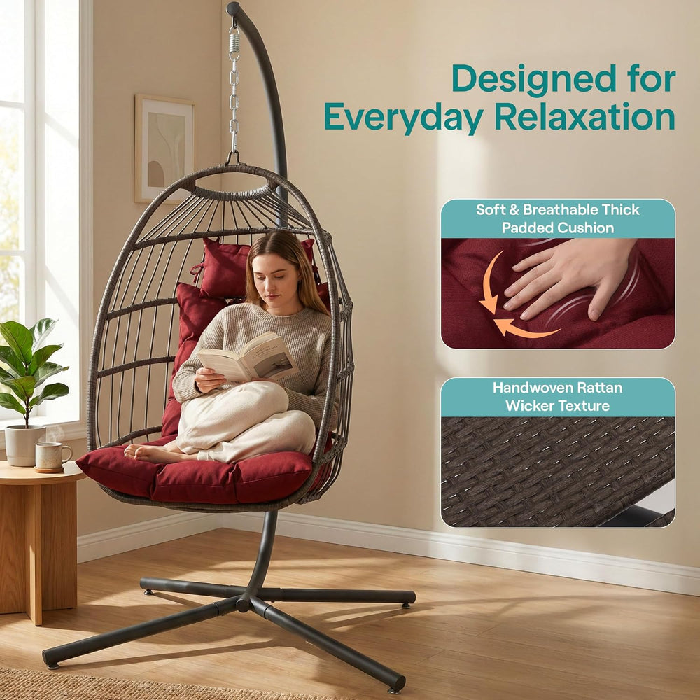 SereneLife Hanging Egg Chair with Stand | Foldable Rattan Wicker Hammock Chai...