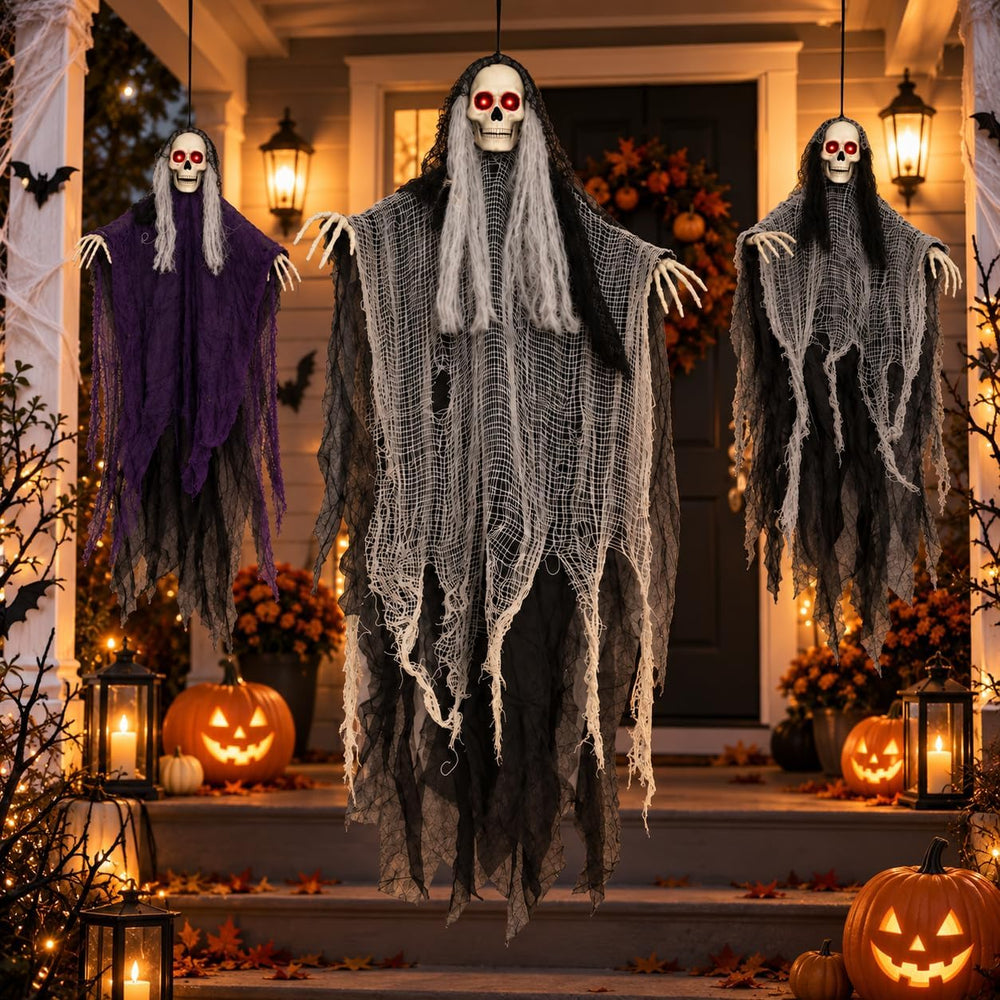 Halloween Decorations Outdoor, 3 Pack Glowing Eyes Hanging Skeleton Ghosts