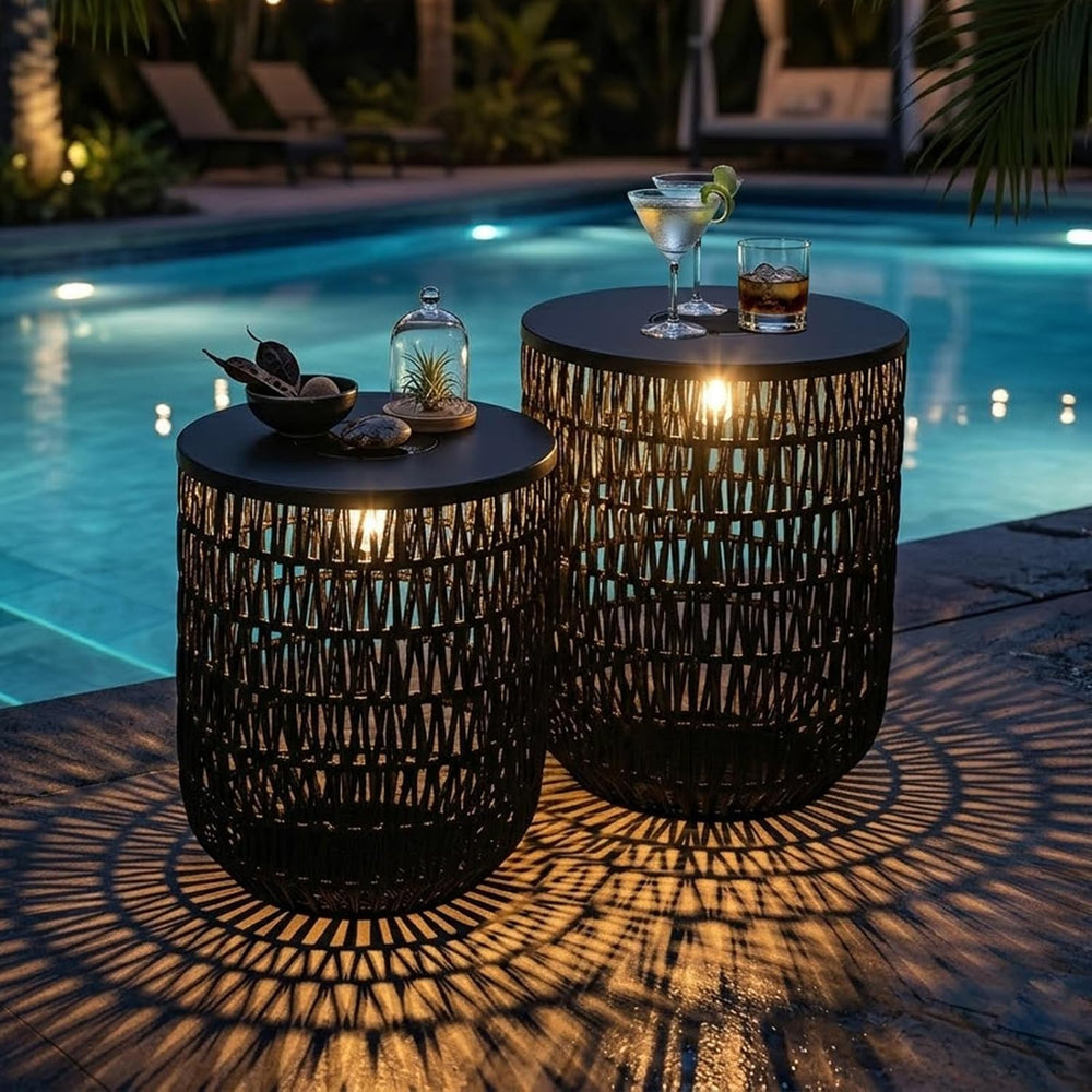 HMVPL Solar Black Outdoor Side Table Set of 2 with Dimmable Light, Round Pati...