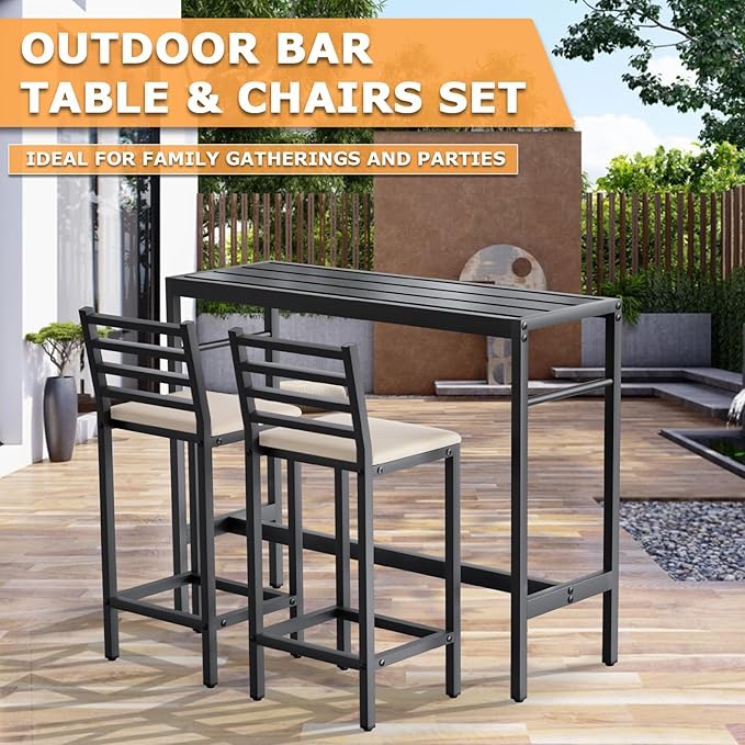 Outdoor Patio Bar Set 3 Piece,50" Rectangular Counter Height High Top Ba...