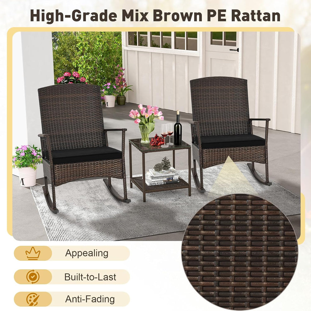 ORALNER 3 Pieces Patio Rocking Chair, Wicker Bistro Set w/Cushions (Black)