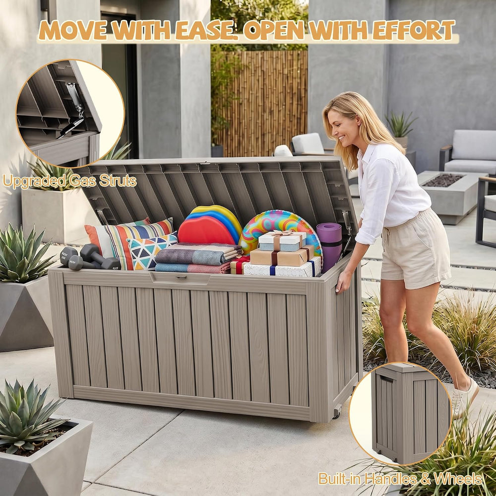 Outdoor Storage Box, 165 Gal Gen 2 Resin Deck Box w/ Gas Struts & Wheels