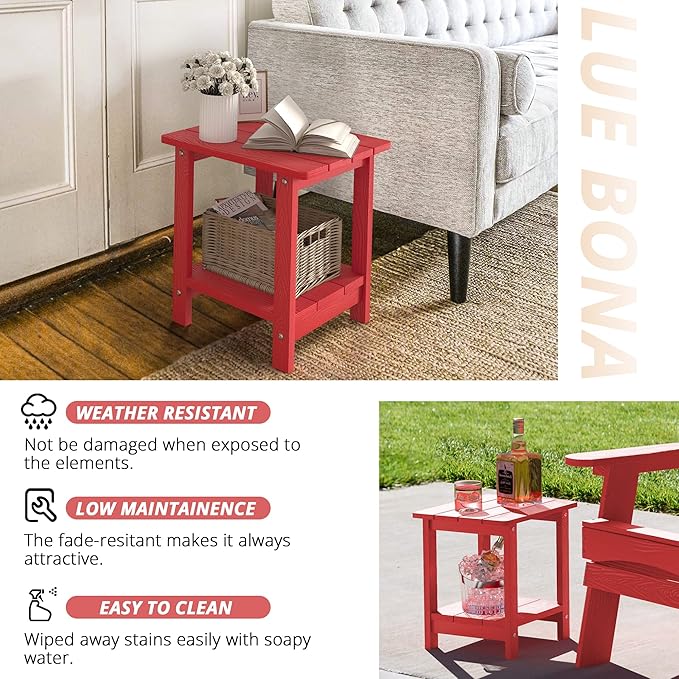 LUE BONA Adirondack Outdoor Side Table, 2-Tier Bright Red HDPS Patio End Tabl...