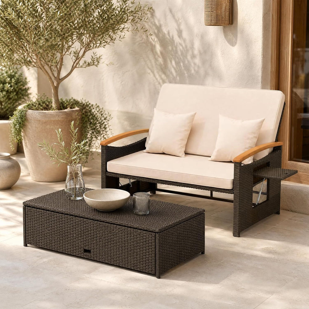 COSTWAY Patio Rattan Daybed, Outdoor Loveseat Sofa with Storage Ottoman