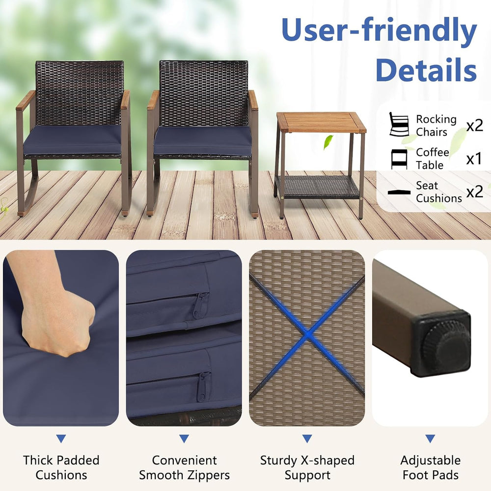COSTWAY 3 Pieces Patio Rocking Bistro Set, Outdoor Wicker Acacia Wood Sets