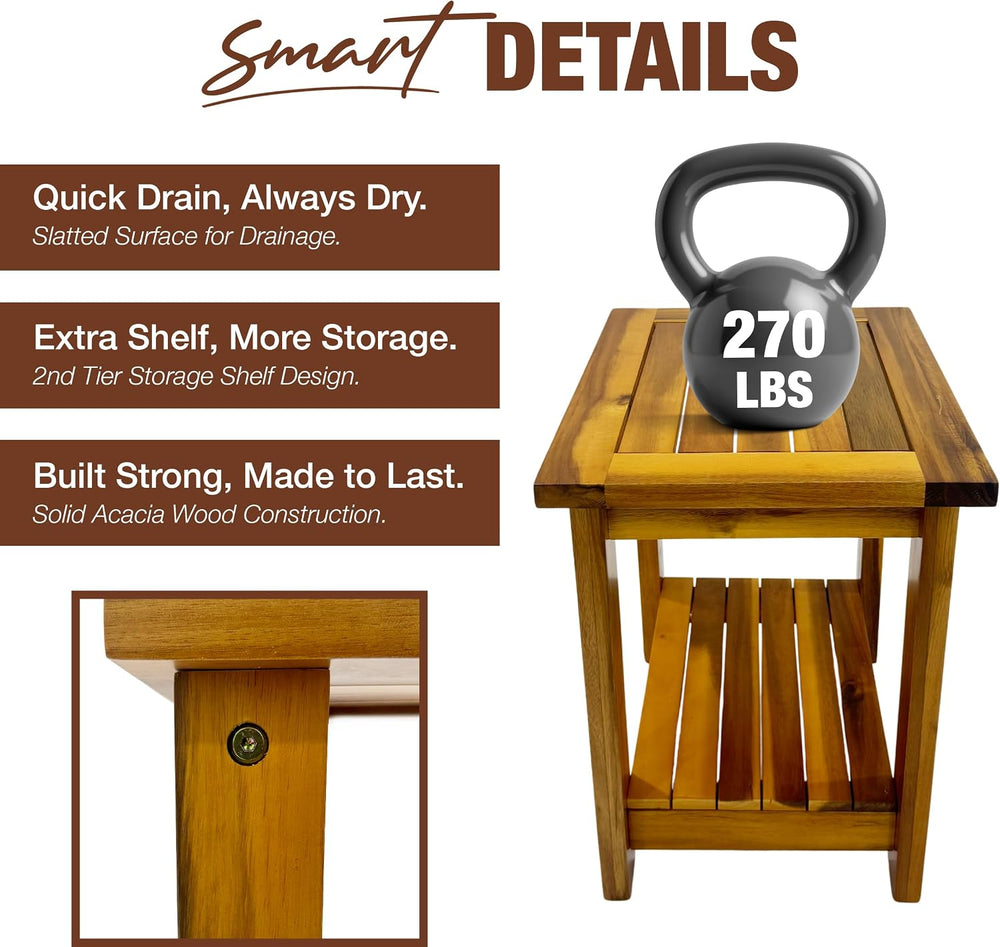 Outdoor Patio Side & End Table, Nightstand, Acacia Wood, 16.5 in, 2-Tier
