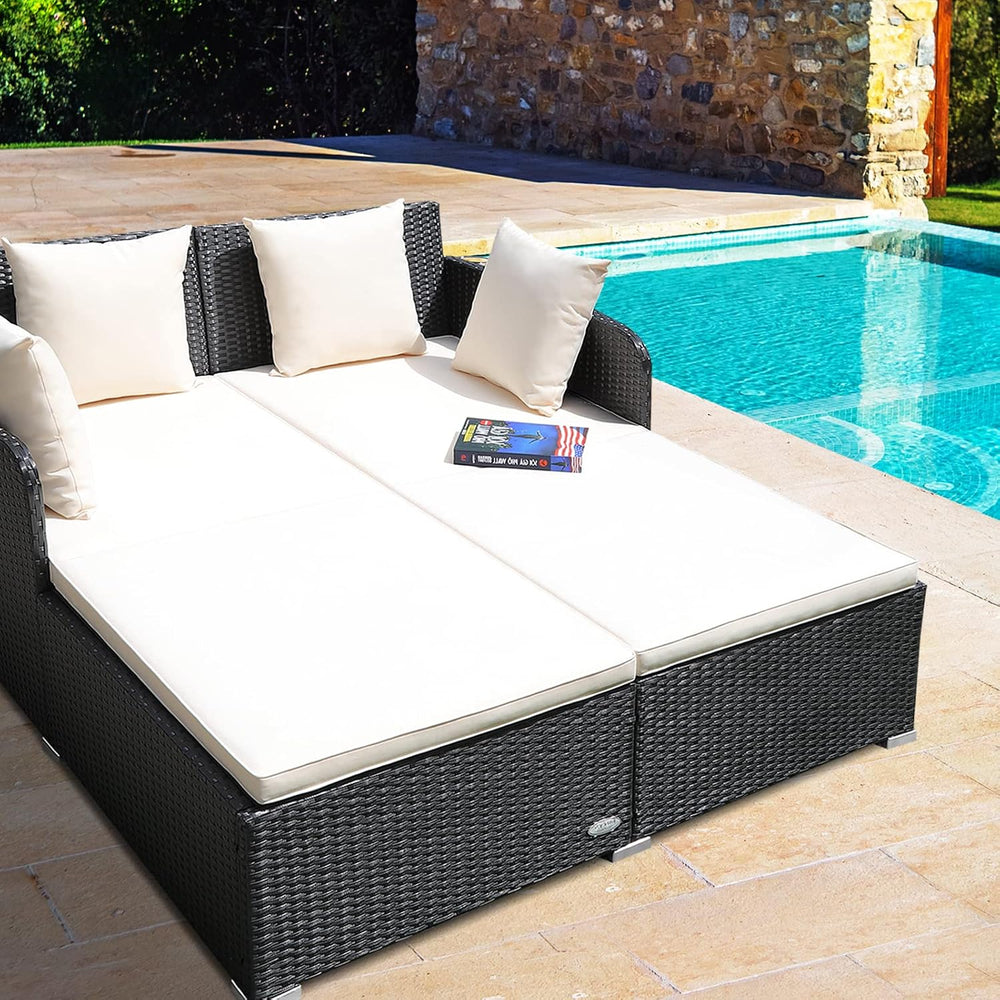 RELAX4LIFE Rattan Patio Outdoor Daybed, Wicker 2-Person Sunbed Loveseat with ...