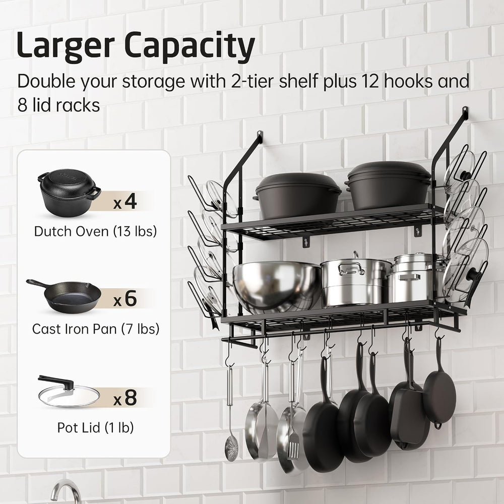 KES 30-Inch Pot Rack Wall Mounted, 8 Secure Lid Holders & 12 Sturdy Hooks