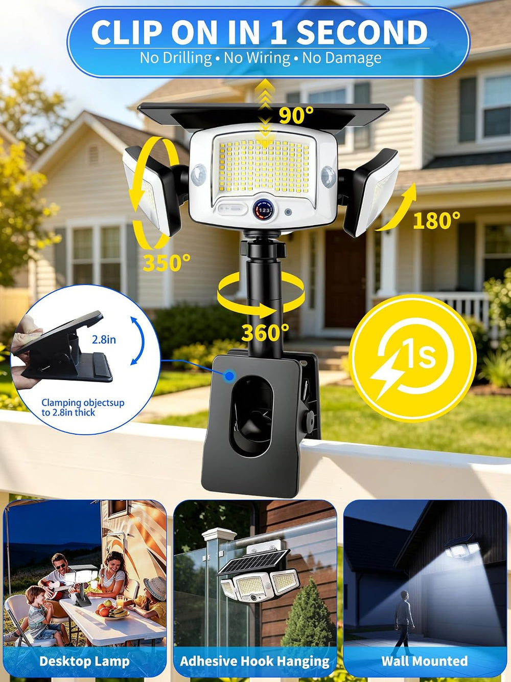Clip On Solar Lights Outdoor, Dual Motion Sensor, Visual Display, 3 Charging ...