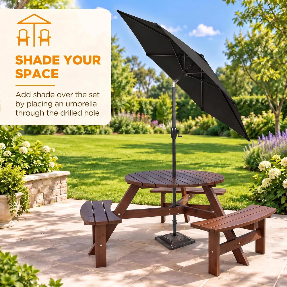 Round 6 Person Outdoor Picnic Table with 3 Built-in Benches