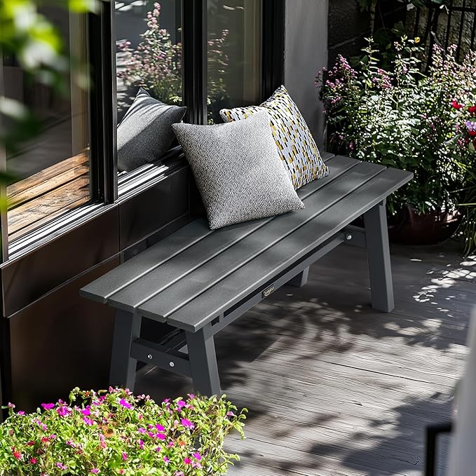 VINGLI 47” Outdoor Bench Garden Bench HDPE Porch Bench w/Metal Legs, Poly Lum...