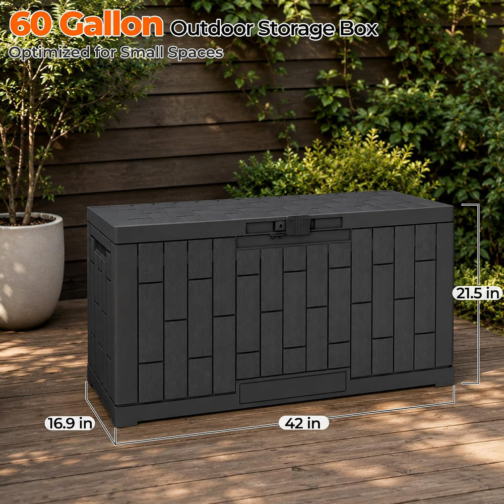 Outdoor Storage Box, 60 Gallon Waterproof Resin Patio Deck Box (Black)