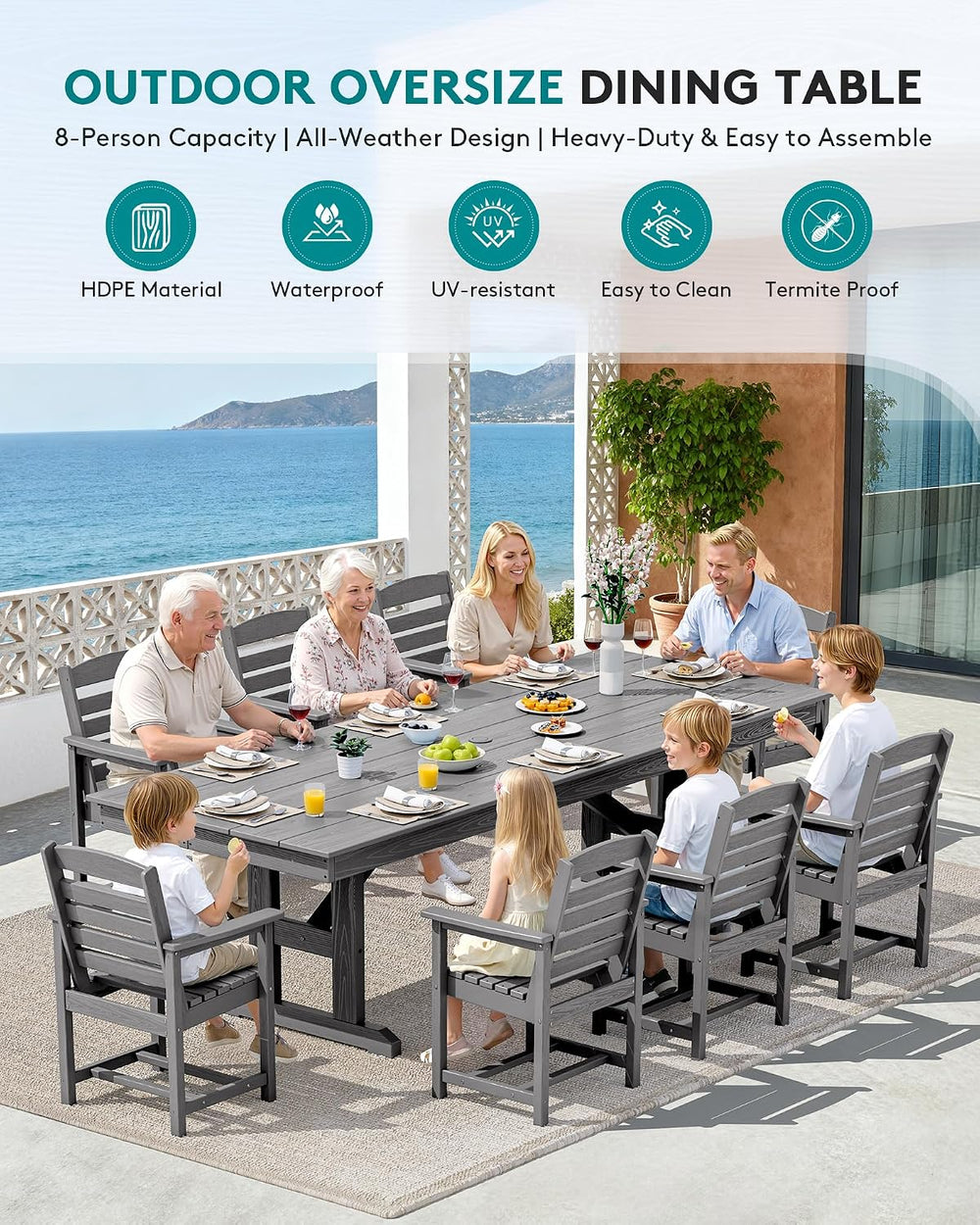 SERWALL 10Pcs 84" HDPE Outdoor Dining Set w/Armchairs & Umbrella,Gray