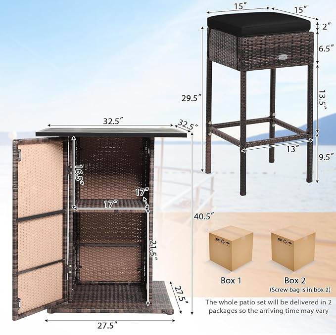 Tangkula 5 Piece Outdoor Rattan Bar Set, Patio Bar Furniture with 4 Cushions ...