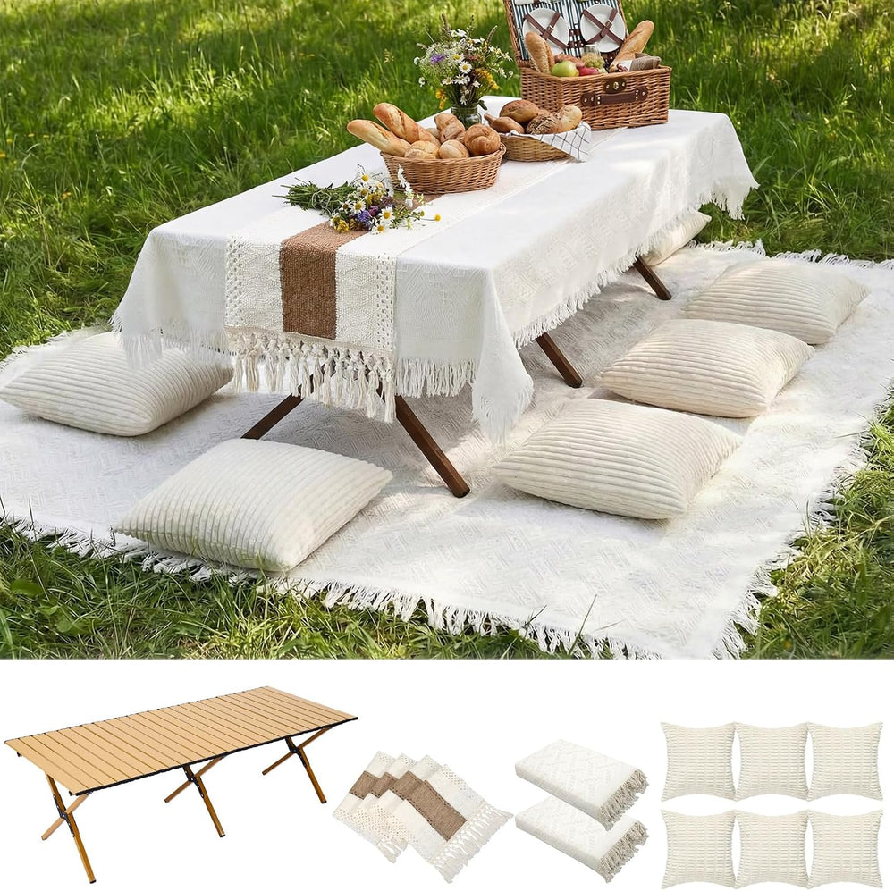 Novabright 10 Pcs Boho Picnic Set with Table Blanket Runner,Pillow Covers