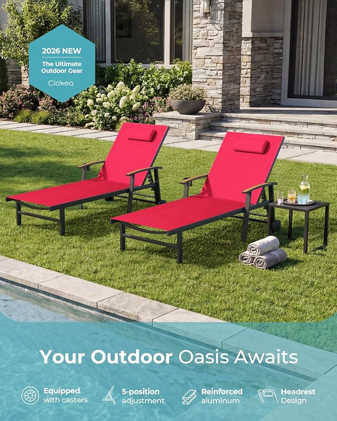Ciokea Outdoor Lounge Chair with Pillow, 5-Position Aluminum Chaise Lounge wi...