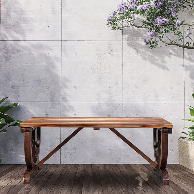 VINGLI Rustic Wooden Wheel Bench Outdoor Bench, Patio Bench Wagon Slatted Sea...