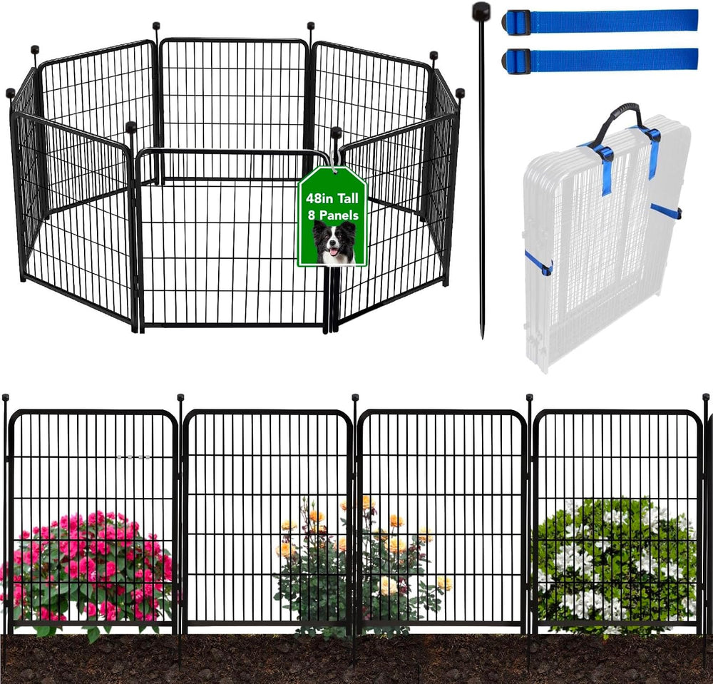 ADAVIN 48in Tall Garden Fence No Gate, 8 Panels Dog Fence Outdoor 17.7 Ft