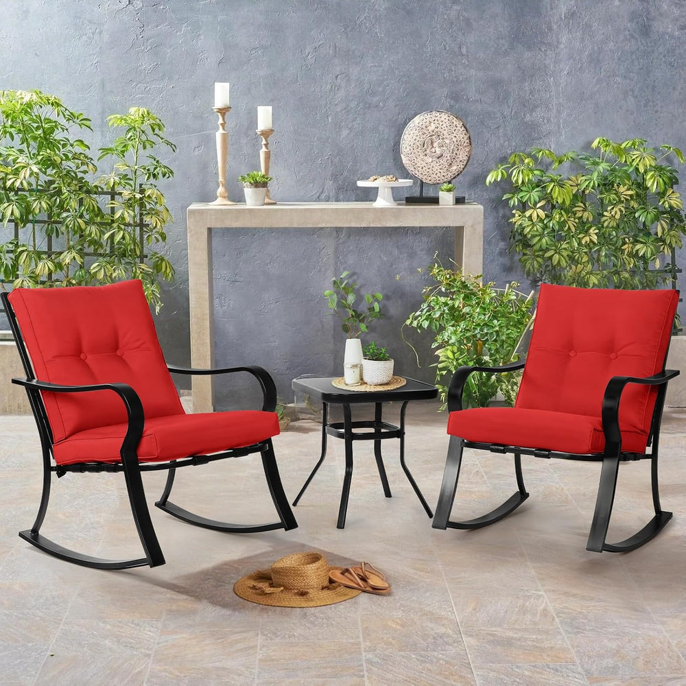 SOLAURA 3-Piece Outdoor Rocking Chairs Bistro Set, Black Iron Patio Furniture...