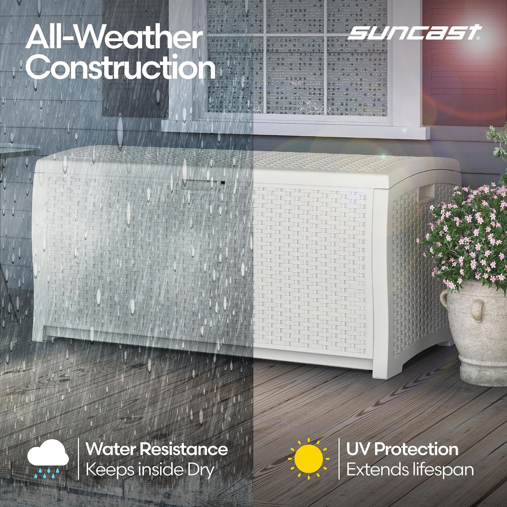 Suncast 99 Gallon Wicker Horizontal Outdoor Deck Box with Hinged Lid, Water-R...