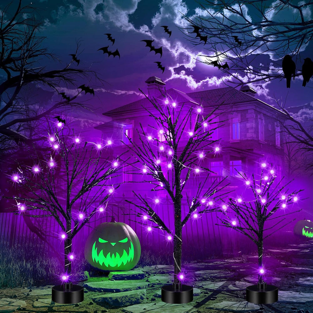 Baquler 7 Pcs Halloween Village Trees with Lights, LED Black Birch Decor