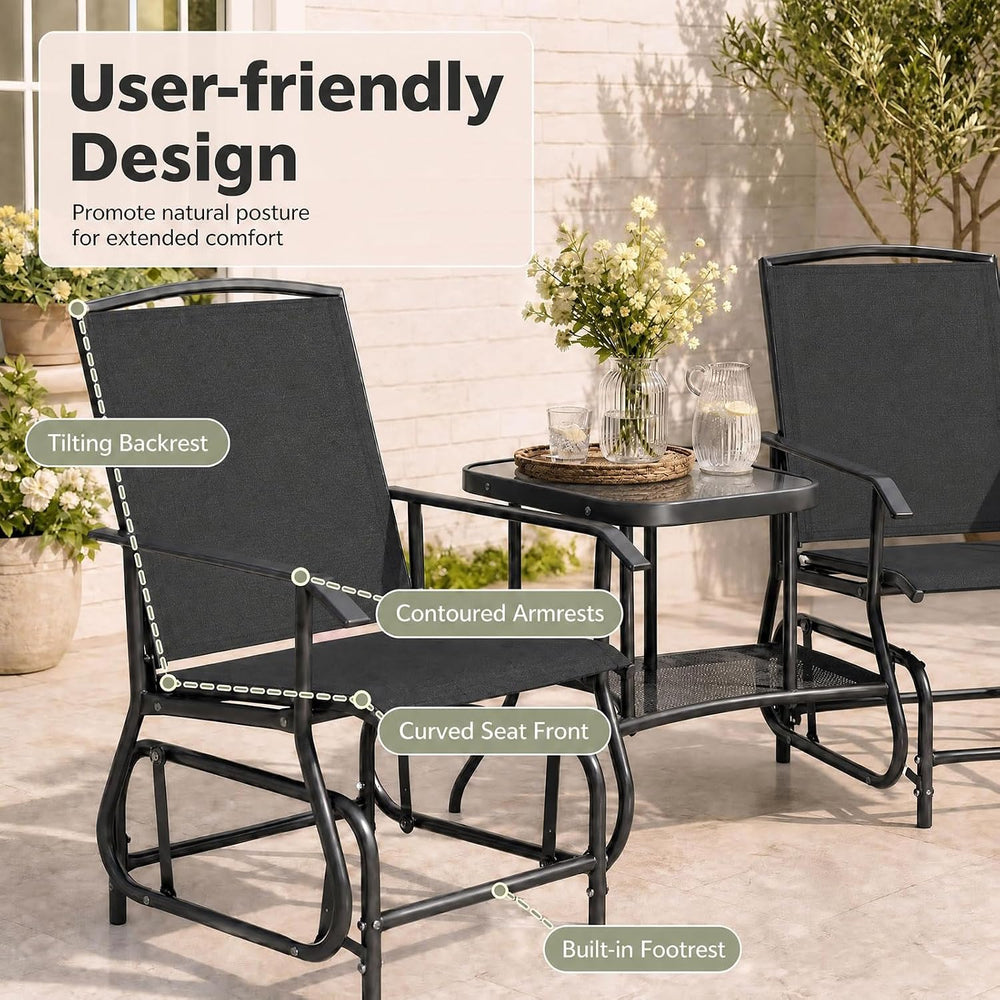 GIANTEX Outdoor Glider Chairs with 2-Tier Center Table, 2-Person Loveseat
