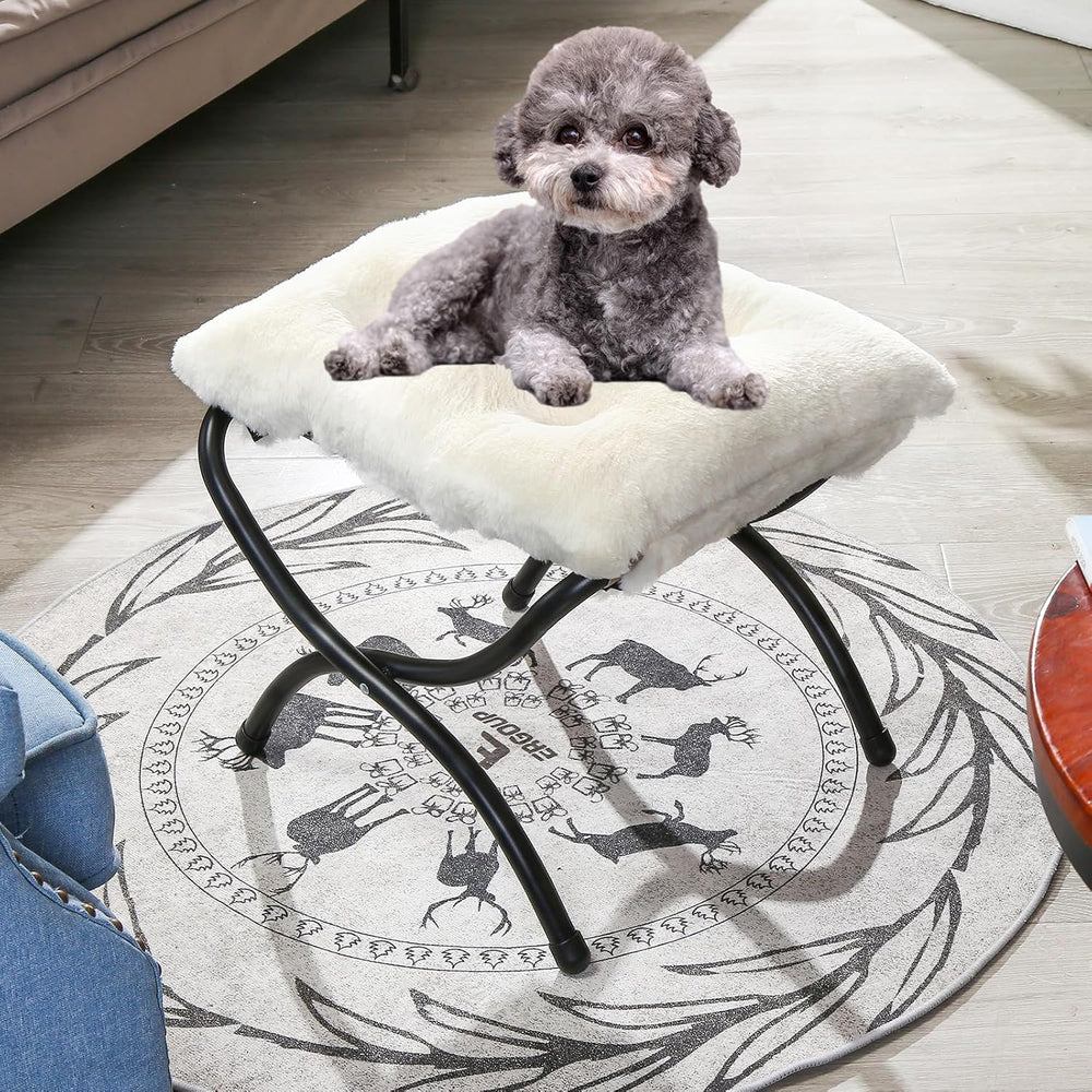 15" Faux Fur Upholstered Folding Foot Rest Stool with Metal Frame Beige