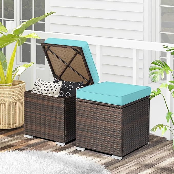 RELAX4LIFE Wicker Outdoor Storage Ottoman, 2-Piece Rattan Footstool w/Removab...