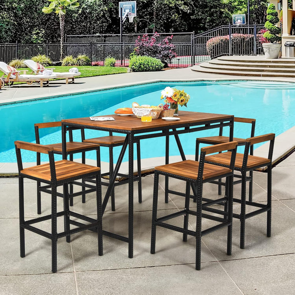 HAPPYGRILL 7 Piece Patio Bar Table Set with Umbrella Hole Acacia Wood High-Di...
