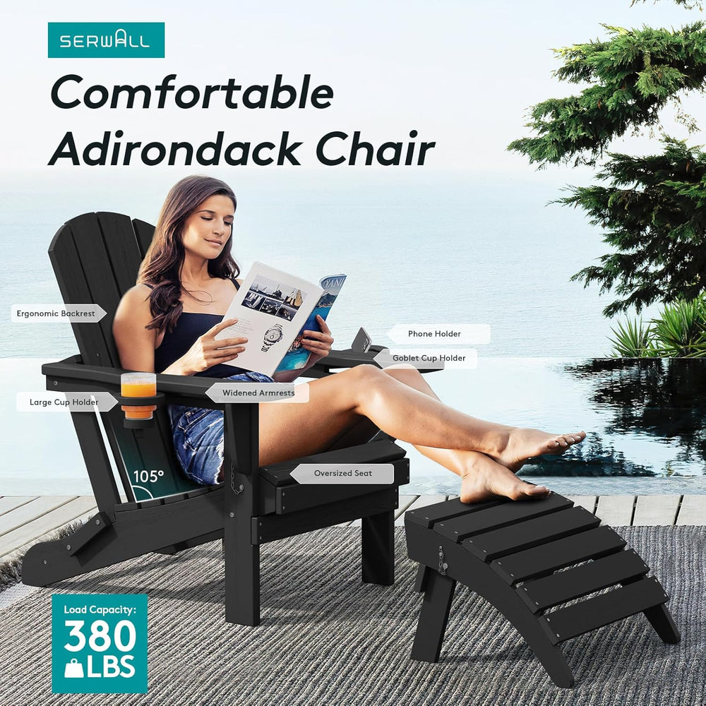 SERWALL Outdoor Adirondack Chair Set of 6 with Cup Holders,Foldable,Black