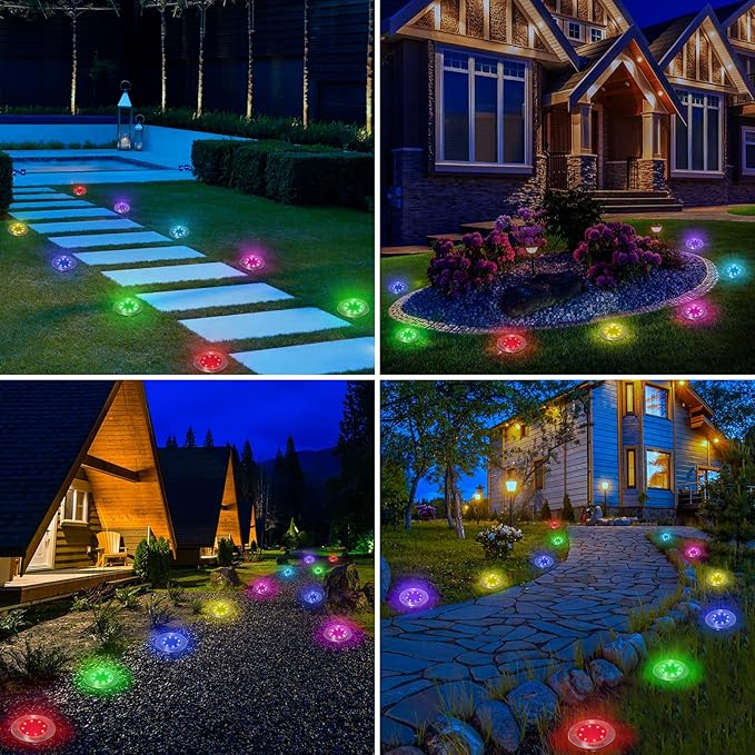 LYHOPE Solar Ground Light Outdoor, 16 Pack 8 LED Color Changing Solar Disk Li...