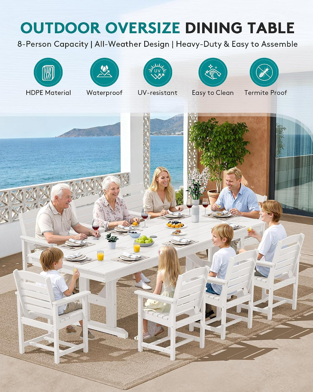SERWALL 10Pcs 84" HDPE Outdoor Dining Set w/Armchairs & Umbrella,White