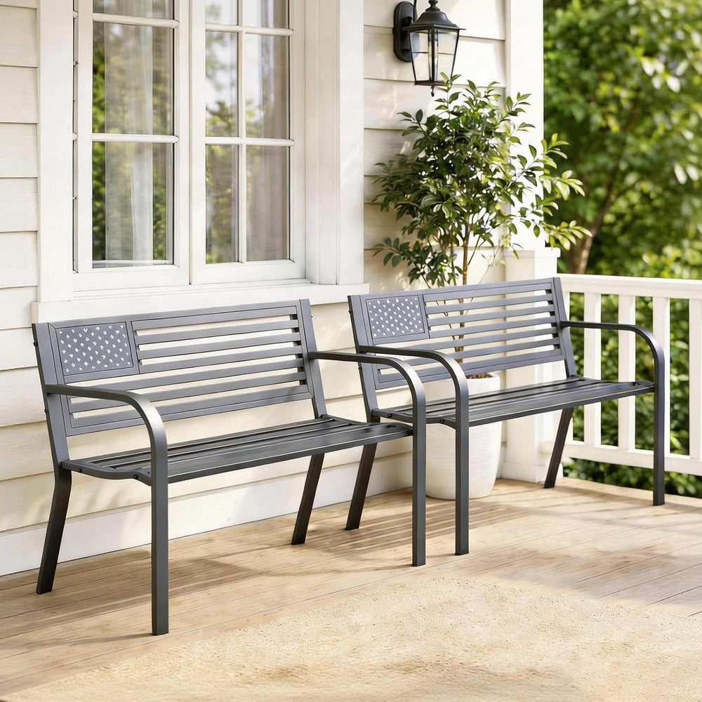 Outdoor Garden Bench with Classic Stars and Stripes Metal Backrest 2 Pack, Me...