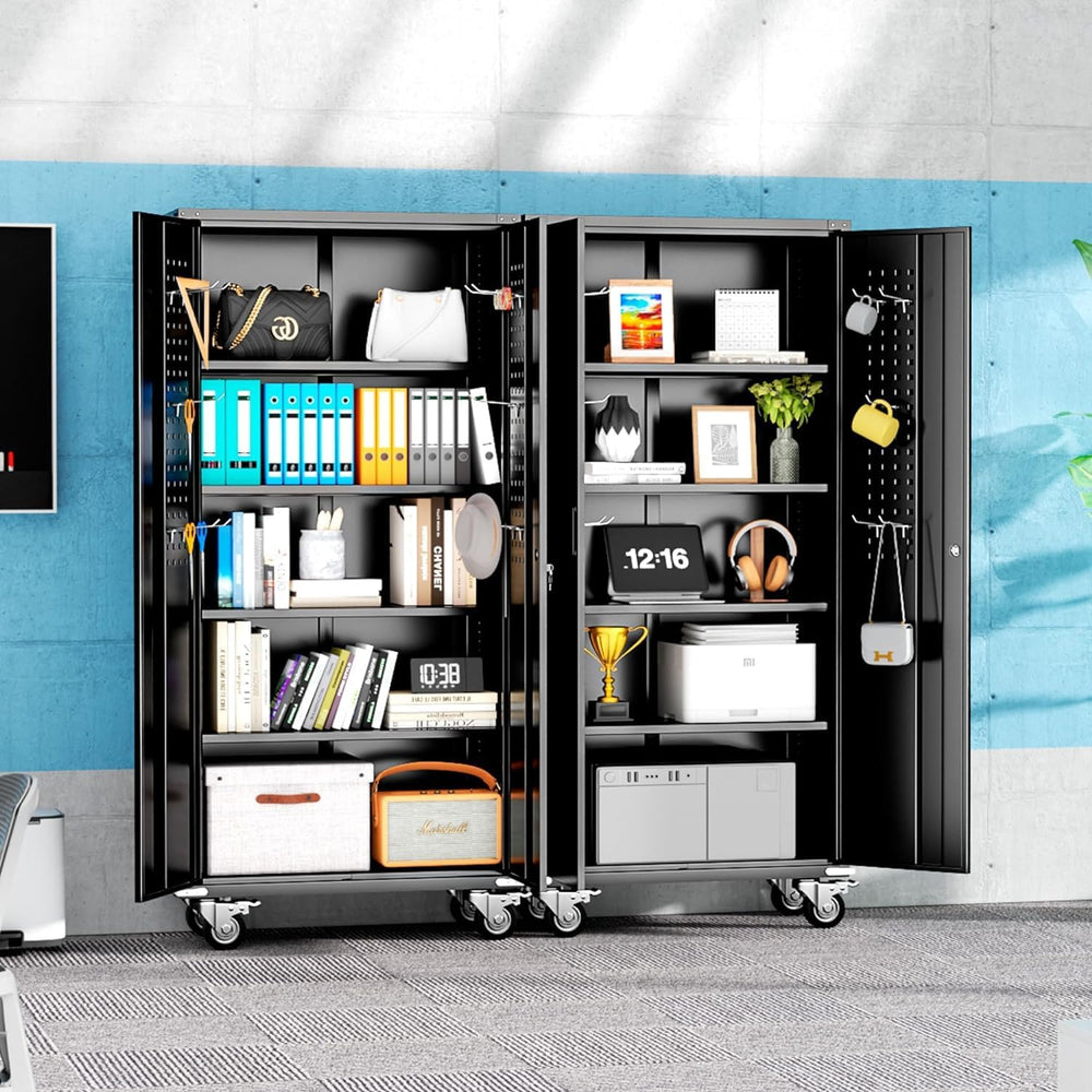 Garage Storage Cabinet with Wheels, 72" H Metal Cabinet with 2 Locking D...