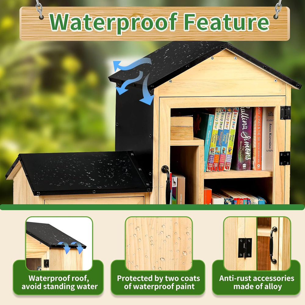 Outdoor Library Book Box, Solid Wood Free Library with Large & Small Comp...