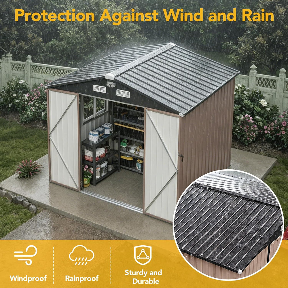 8x6FT Outdoor Storage Shed, Tool Shed with Sloping Roof and Lockable Door, Ga...