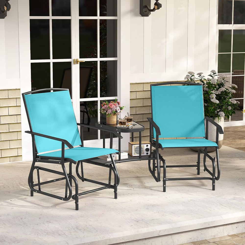 Tangkula 2-Seater Outdoor Glider Bench with 2-Tier Center Table (Turquoise)