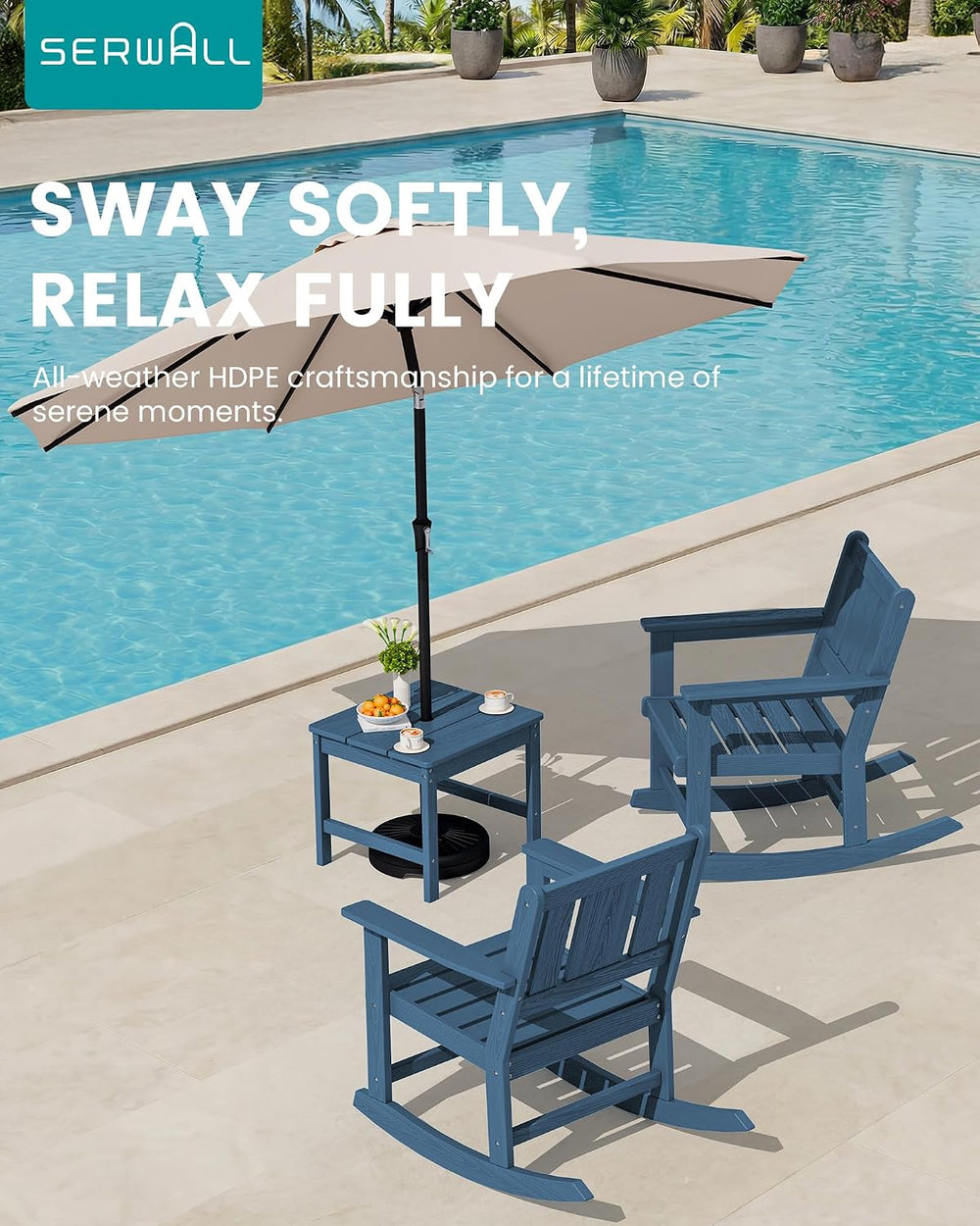 SERWALL 3-Piece Patio Furniture Set with 2 Rocking Chairs & Table, Blue
