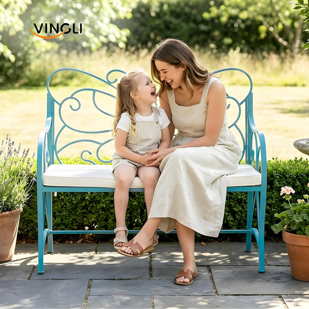 VINGLI 38.7in Cast Iron Outdoor Bench with Cushion, All Weather Resistant Met...