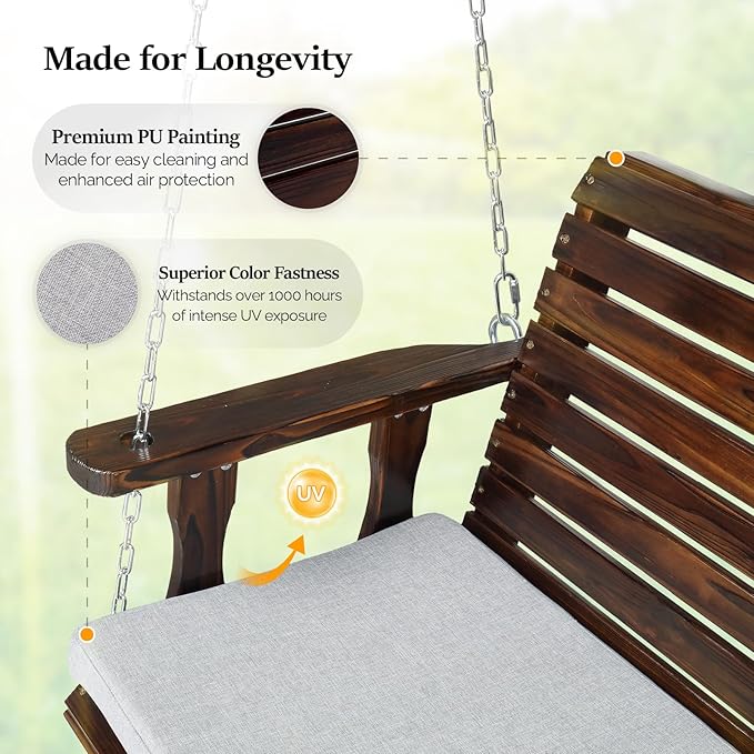 VINGLI Outdoor 4 FT Porch Swing, Heavy Duty 880 LBS Wooden Patio Swings with ...
