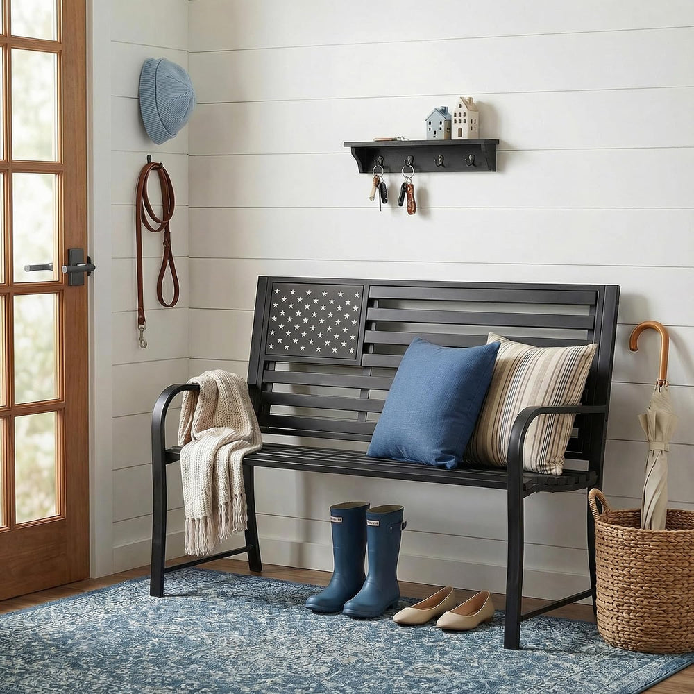 50" Garden Bench Outdoor Bench with American Flag Style, Cast Iron Metal...