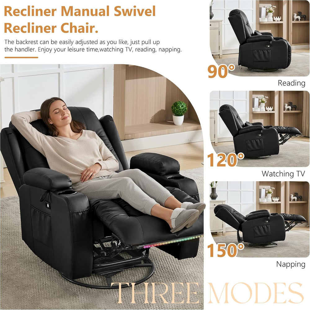 URRED Swivel Rocker Recliner Chair with LED Ambient Lights for Adults,Black