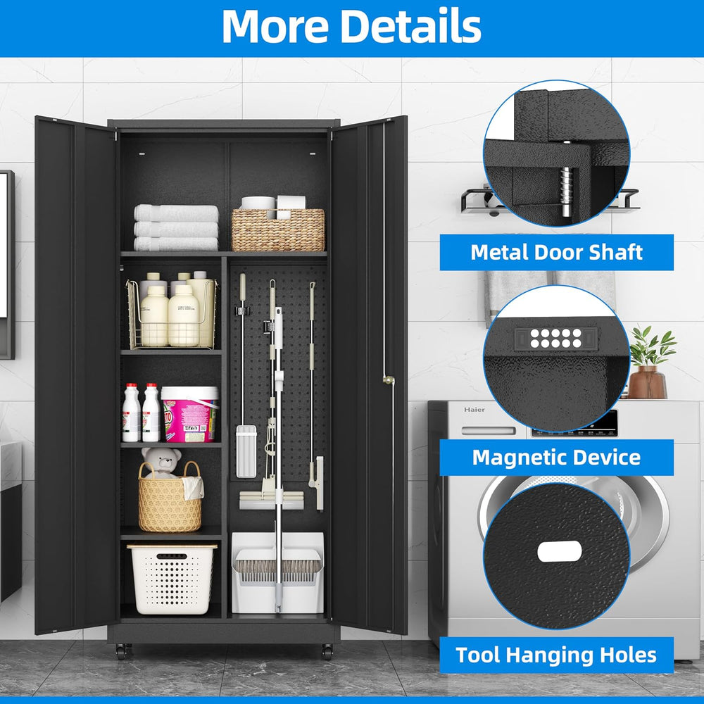 Garage Storage Cabinet with 4 Wheels,Lockable Tool Cabinets with Pegboard and...