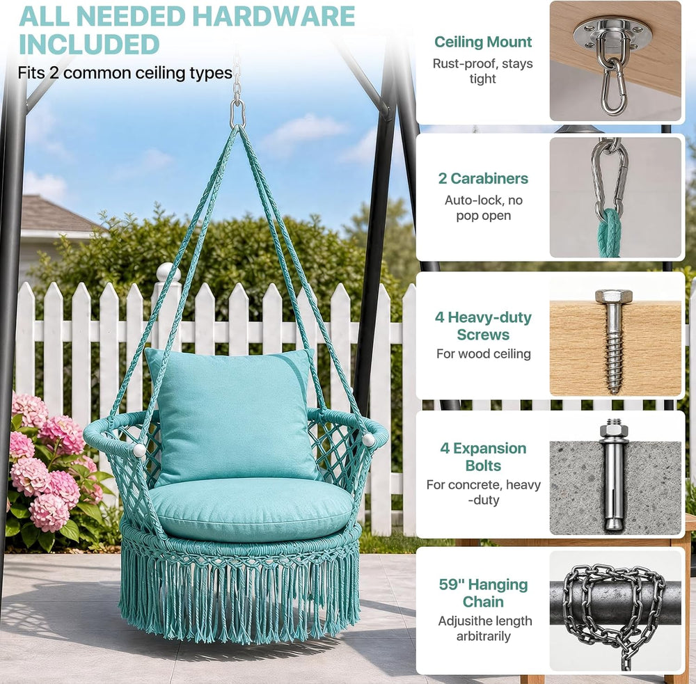 Athena Collection Macrame Hammock Chair with Mounting Hardware Kit, Green