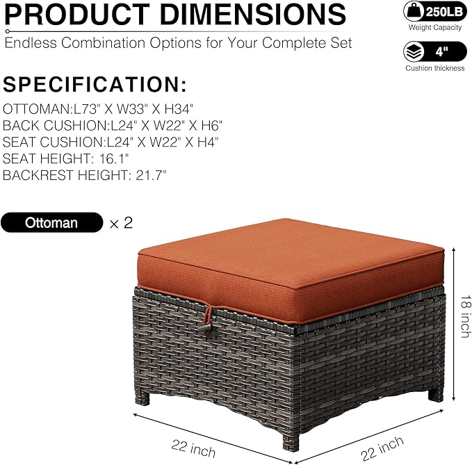 Joyside Outdoor Ottoman Set of 2, Patio Large Ottoman Foot Rest with Thickene...