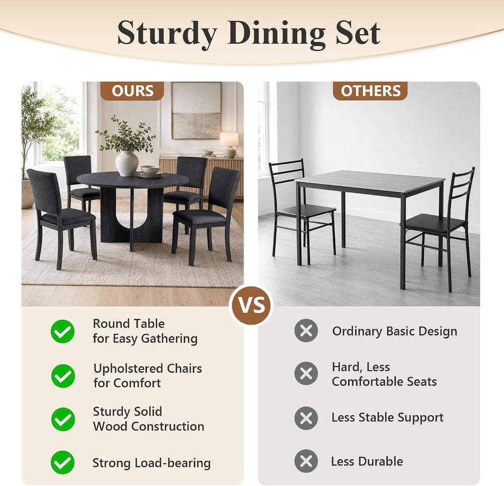Round Dining Table Set for 4, 47" Round Tabletop, Dark Gray