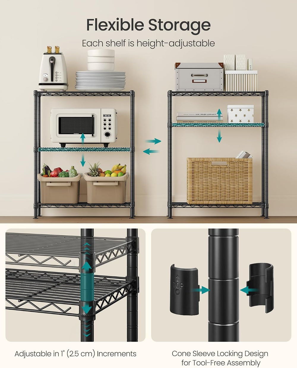 SONGMICS 3-Tier Storage Shelves, Adjustable Wire Shelving Unit, 8 Hooks